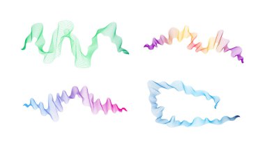 Dalgalı kavisli çizgiler. Beyaz zemin üzerinde dört soyut renkli dalga çizgisi seti. Vektör illüstrasyonu