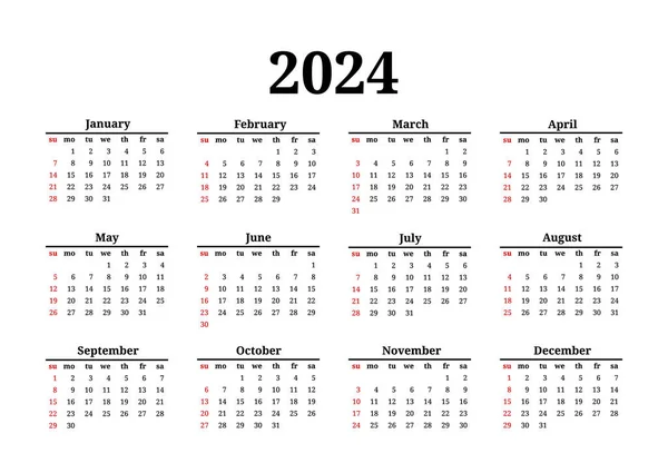 Calendar 2024 Isolated White Background Sunday Monday Business Template Vector — Vector de stock
