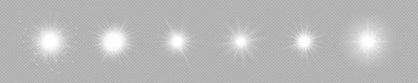 镜头照明弹的光效 一组六盏白色发光的灯在灰色透明的背景上闪烁着星星光效果 矢量说明 — 图库矢量图片