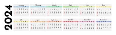 Horizontal calendar for 2024 isolated on a white background. Sunday to Monday, business template. Vector illustration