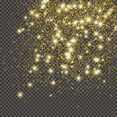 Gold glittering dust on a gray transparent background. Dust with gold glitter effect and empty space for your text.  Vector illustration