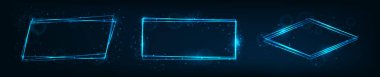 Parlak efektli üç neon çerçeve seti ve koyu arkaplanda parıltılar. Boş parlayan tekno fon. Vektör illüstrasyonu