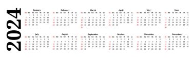 Horizontal calendar for 2024 isolated on a white background. Sunday to Monday, business template. Vector illustration