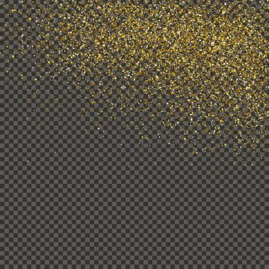 Gold glittering dust on a gray transparent background. Dust with gold glitter effect and empty space for your text.  Vector illustration