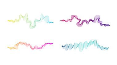 Dalgalı kavisli çizgiler. Beyaz zemin üzerinde dört soyut renkli dalga çizgisi seti. Vektör illüstrasyonu