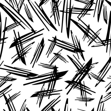 Beyaz arka planda soyut şekillerde siyah kalem fırça darbeleriyle kusursuz desen. Vektör illüstrasyonu