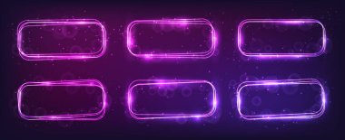 Parlak efektleri ve koyu arkaplanda parıltıları olan neon yuvarlak dikdörtgen çerçeveler. Boş parlayan tekno fon. Vektör illüstrasyonu