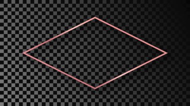 Rose gold glowing rhombus shape frame with shadow isolated on dark transparent background. Shiny frame with glowing effects. Vector illustration