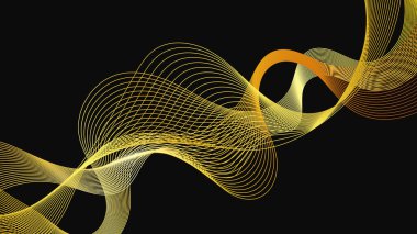 Karanlık arka planda lüks altın dalgaları olan soyut bir fon. Modern teknoloji arka planı, dalga tasarımı. Vektör illüstrasyonu