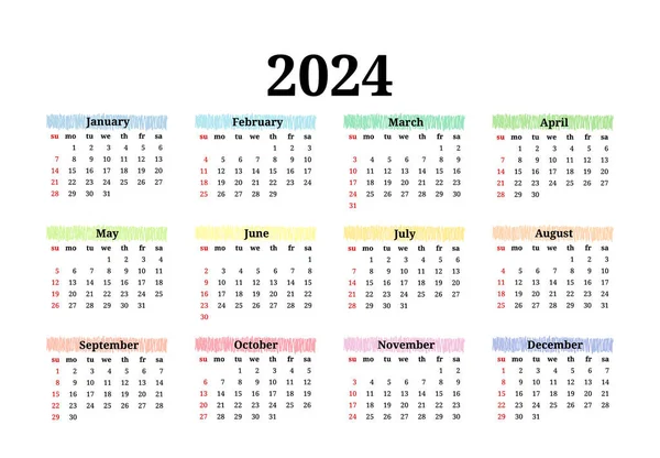 Kalendarz Rok 2024 Izolowany Białym Tle Niedzieli Poniedziałku Szablon Biznesowy — Wektor stockowy