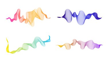 Dalgalı kavisli çizgiler. Beyaz zemin üzerinde dört soyut renkli dalga çizgisi seti. Vektör illüstrasyonu