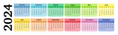 Horizontal calendar for 2024 isolated on a white background. Sunday to Monday, business template. Vector illustration