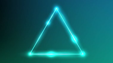 Koyu yeşil arka planda parlak efektleri olan neon üçgen çerçeve. Boş parlayan tekno fon. Vektör illüstrasyonu