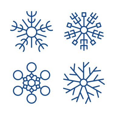 Kar taneleri kış koleksiyonu. Beyaz arka planda dört mavi kar taneciği dizisi. Noel ve Yeni Yıl dekorasyon unsurları. Vektör illüstrasyonu