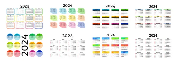 2024 için sekiz takvim seti beyaz arka planda izole edildi. Pazardan pazartesiye, iş planı. Vektör illüstrasyonu