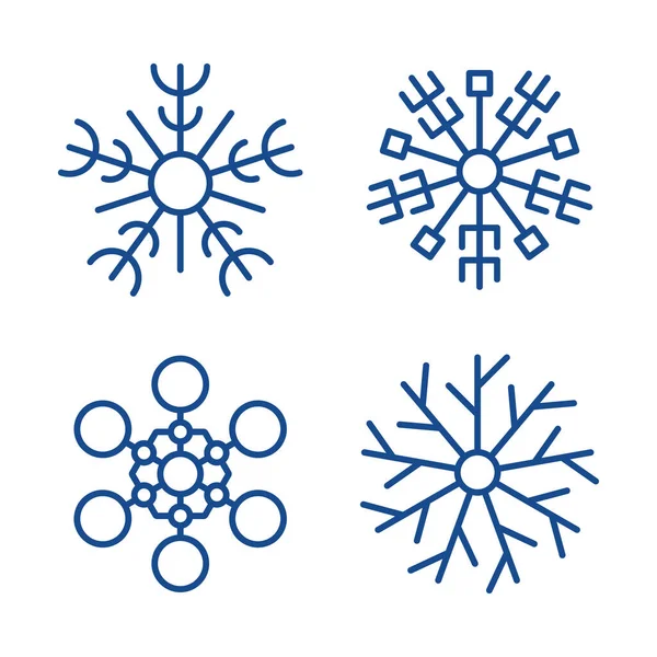 スノーフレーク冬コレクション 白を基調にラインスタイルで4つの青い雪片のセット クリスマスと新年の装飾要素 ベクターイラスト — ストックベクタ