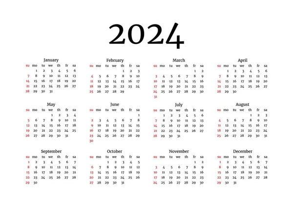 Kalender För 2024 Isolerad Vit Bakgrund Söndag Till Måndag Affärsmallen — Stock vektor