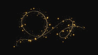 Altın parıldayan konfeti dalgası ve yıldız tozu. Koyu arkaplanda altın sihirli parıltılar. Vektör illüstrasyonu