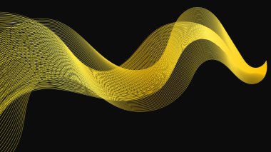 Karanlık arka planda lüks altın dalgaları olan soyut bir fon. Modern teknoloji arka planı, dalga tasarımı. Vektör illüstrasyonu