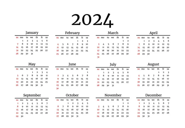 Calendar 2024 Isolated White Background Sunday Monday Business Template Vector —  Vetores de Stock