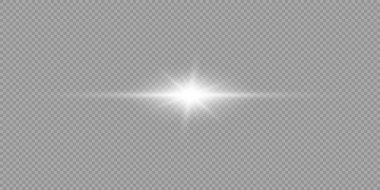 Lens fişeklerinin ışık etkisi. Gri şeffaf arkaplanda parıldayan beyaz yatay ışık patlaması efekti. Vektör illüstrasyonu