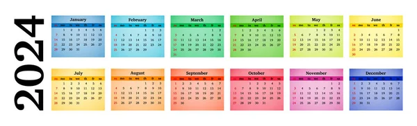 Calendario Horizontal Para 2024 Aislado Sobre Fondo Blanco Domingo Lunes — Archivo Imágenes Vectoriales