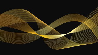 Karanlık arka planda lüks altın dalgaları olan soyut bir fon. Modern teknoloji arka planı, dalga tasarımı. Vektör illüstrasyonu