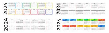 2024 için dört yatay takvim seti beyaz arka planda izole edildi. Pazardan pazartesiye, iş planı. Vektör illüstrasyonu