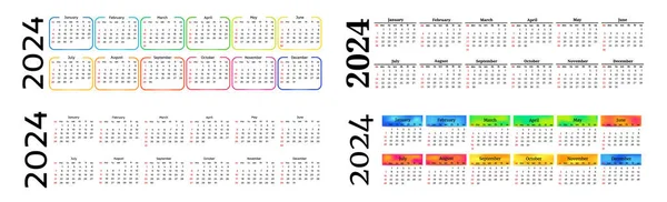 Soubor Čtyř Horizontálních Kalendářů Pro Rok 2024 Izolovaných Bílém Pozadí — Stockový vektor