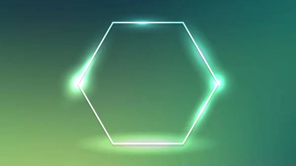Neon Hexagon Frame Met Stralende Effecten Donkergroene Achtergrond Lege Gloeiende — Stockvector