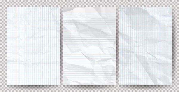 Set Papeles Blancos Limpios Arrugados Sobre Fondo Transparente Cuaderno Vacío — Vector de stock
