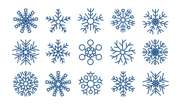 Schneeflocken Winterkollektion Set Von Fünfzehn Blauen Schneeflocken Reih Und Glied — Stockvektor