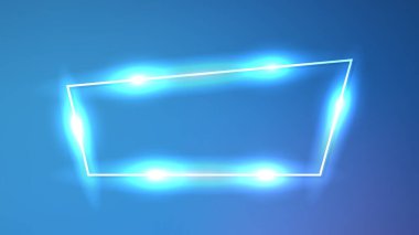Mavi arka planda parlak efektleri olan neon trapezoid çerçeve. Boş parlayan tekno fon. Vektör illüstrasyonu
