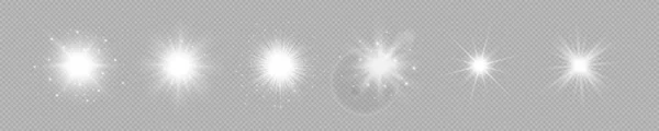 レンズフレアの光効果 6つの白い輝くライトのセットは 灰色の透明な背景に輝きとバースト効果を開始します ベクターイラスト — ストックベクタ