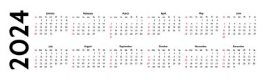 Horizontal calendar for 2024 isolated on a white background. Sunday to Monday, business template. Vector illustration