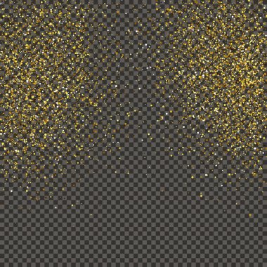 Gold glittering dust on a gray transparent background. Dust with gold glitter effect and empty space for your text.  Vector illustration