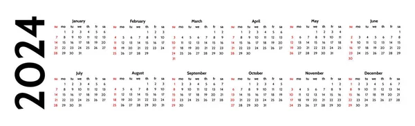 Horizontal Calendar 2024 Isolated White Background Sunday Monday Business Template — Stockvektor