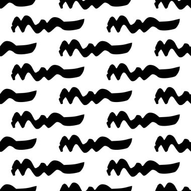 Seamless pattern with black wavy grunge brush strokes in abstract shapes on white background. Vector illustration