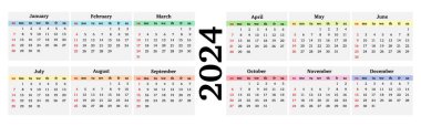 Horizontal calendar for 2024 isolated on a white background. Sunday to Monday, business template. Vector illustration