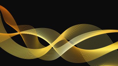 Karanlık arka planda lüks altın dalgaları olan soyut bir fon. Modern teknoloji arka planı, dalga tasarımı. Vektör illüstrasyonu
