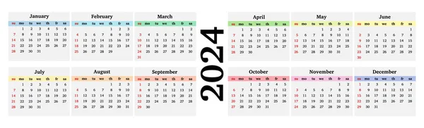 Horizontal Calendar 2024 Isolated White Background Sunday Monday Business Template — Stok Vektör