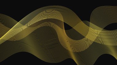 Karanlık arka planda lüks altın dalgaları olan soyut bir fon. Modern teknoloji arka planı, dalga tasarımı. Vektör illüstrasyonu