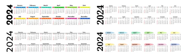 Набор Четырех Горизонтальных Календарей 2024 Год Изолирован Белом Фоне Воскресенья — стоковый вектор
