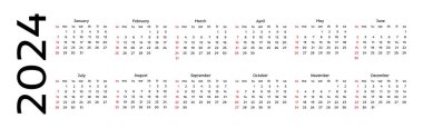 Horizontal calendar for 2024 isolated on a white background. Sunday to Monday, business template. Vector illustration