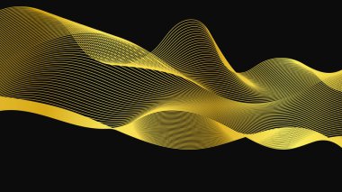 Karanlık arka planda lüks altın dalgaları olan soyut bir fon. Modern teknoloji arka planı, dalga tasarımı. Vektör illüstrasyonu