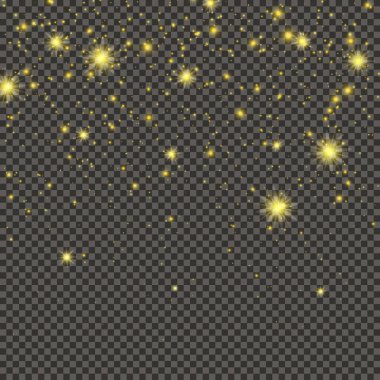 Gold glittering dust on a gray transparent background. Dust with gold glitter effect and empty space for your text.  Vector illustration