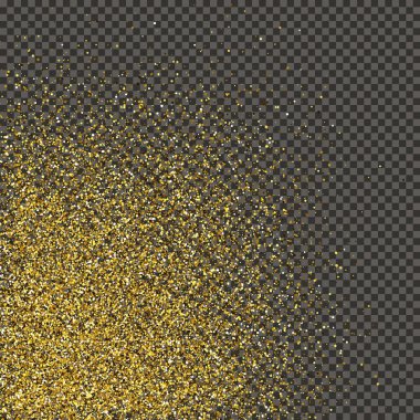 Gold glittering dust on a gray transparent background. Dust with gold glitter effect and empty space for your text.  Vector illustration