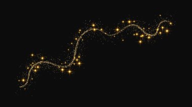 Altın parıldayan konfeti dalgası ve yıldız tozu. Koyu arkaplanda altın sihirli parıltılar. Vektör illüstrasyonu