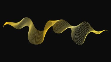 Karanlık arka planda lüks altın dalgaları olan soyut bir fon. Modern teknoloji arka planı, dalga tasarımı. Vektör illüstrasyonu