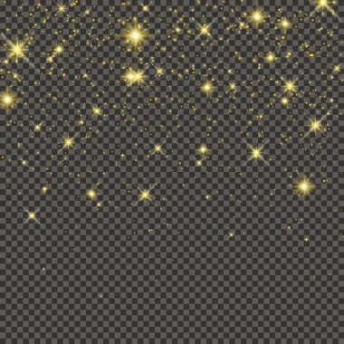 Gold glittering dust on a gray transparent background. Dust with gold glitter effect and empty space for your text.  Vector illustration